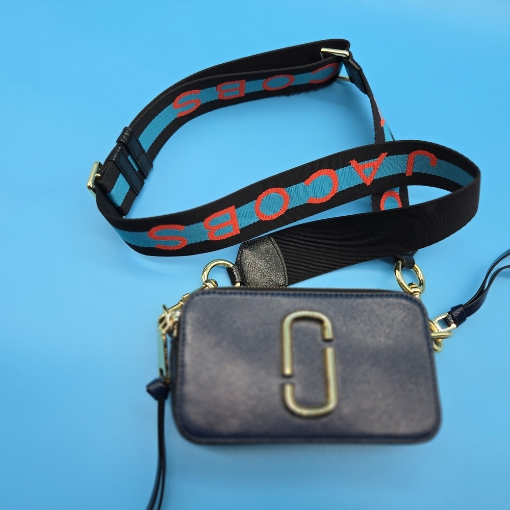 Marc Jacobs Navy And Cream Snapshot With Blue And Red Logo Strap